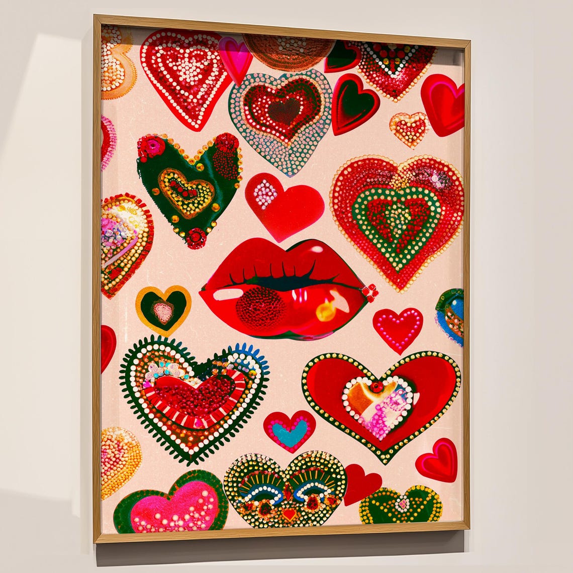 Maximalist Heart And Glossy Red Lips Romantic Folk Art Poster