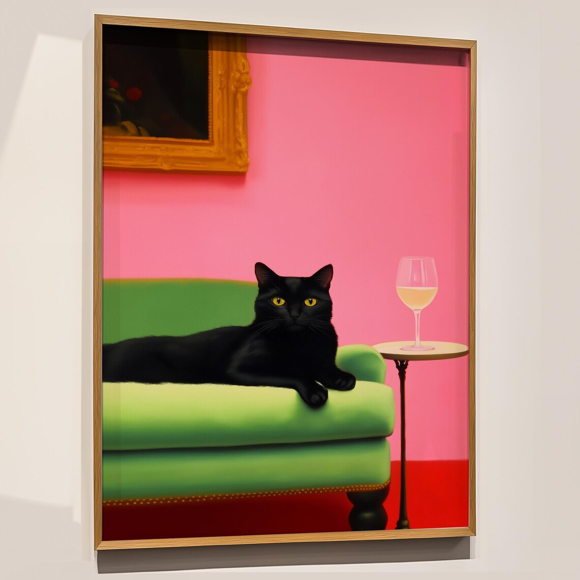 Black Cat On Green Sofa With Wine Glass Maximalist Retro Pop Art Poster