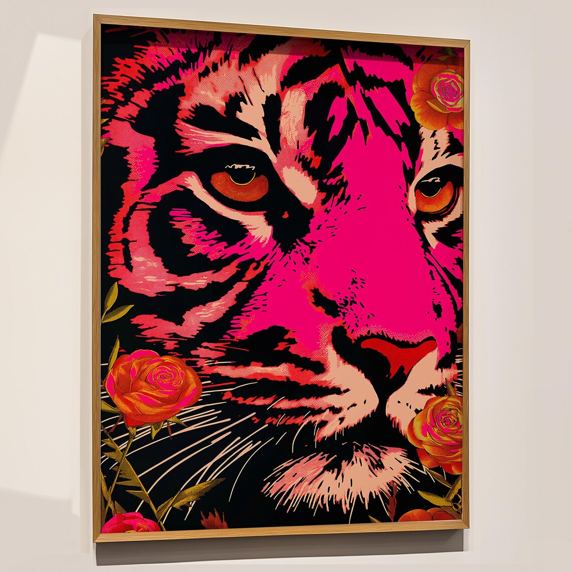 Hot Pink Tiger Pop Art Print Maximalist Floral Animal Decor