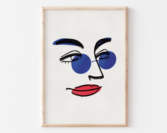 Minimalist Face Line Art Blue Sunglasses Red Lips Modern Wall Art