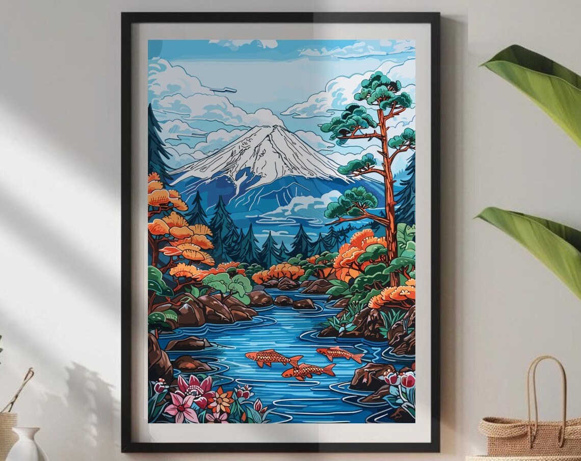 Mount Fuji Snowy Peak Koi Pond Pine Trees Japanese Art Poster