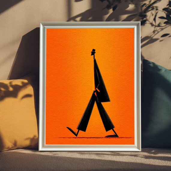 Minimalist Man Walking Orange Background Bold Black Figure Art Poster