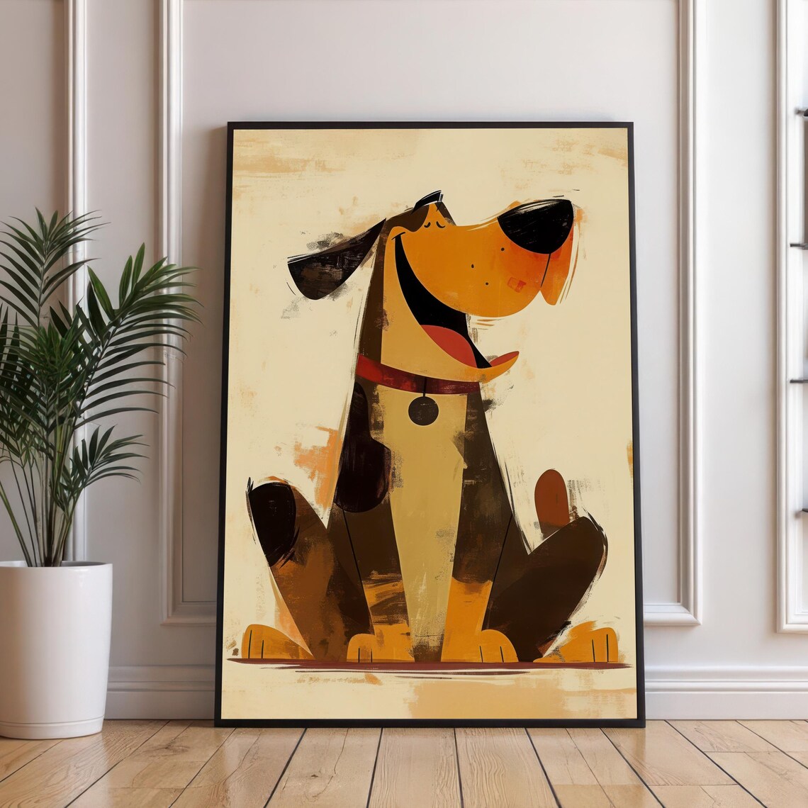 Grinning Orange Cartoon Dog Portrait Whimsical Nursery Poster