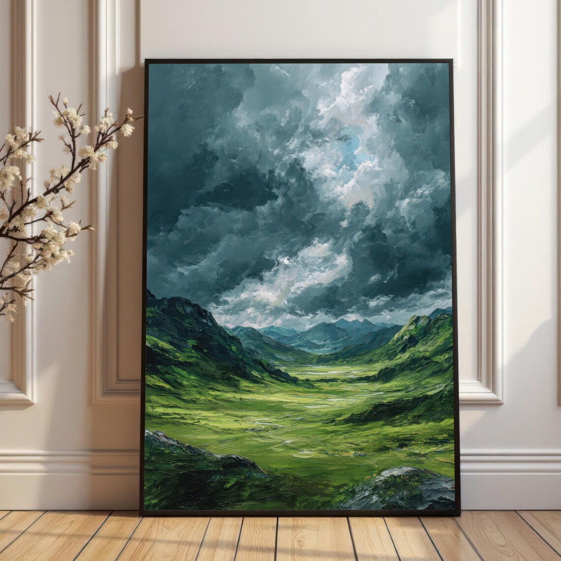 Stormy Valley Landscape Moody Dark Clouds Rolling Green Hills Wall Art