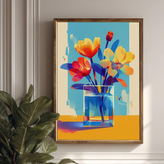 Bold Abstract Floral Vase Art Vibrant Modern Wall Decor Colorful Flower Print Botanical Illustration