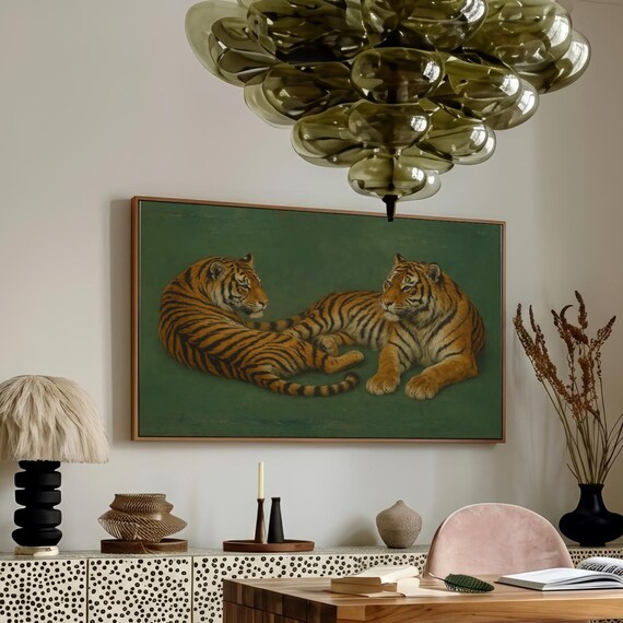 Emerald Green Tiger Duo Art Print Retro Whimsical Tigers Poster Vintage Abstract Wild Animal Oil Painting Nature Glam Cottagecore Decor
