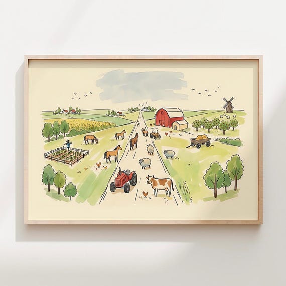 Farm Animal Nursery Art Print Landscape Painting Cottagecore Farmyard Horizontal Country Poster Cute Barnyard Decor