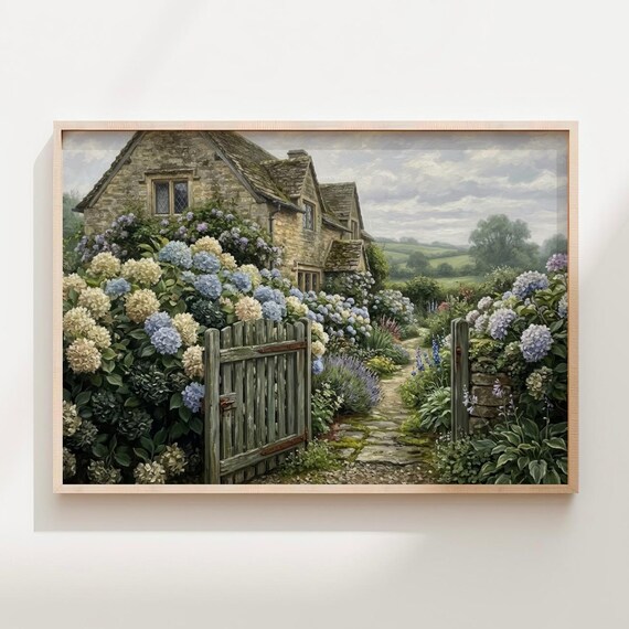 English Stone Cottage Hydrangea Garden Gate Moody Countryside Poster