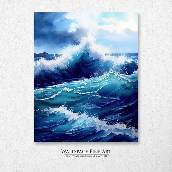 Crashing Blue Ocean Waves White Foam Dramatic Watercolor Poster