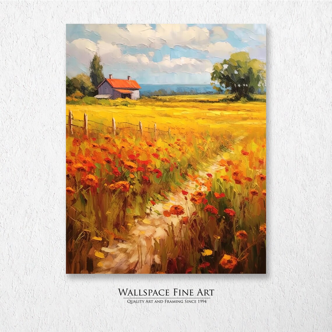 Summer Wildflower Farm Red Barn Golden Field Landscape Painting Poster