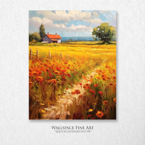 Summer Wildflower Farm Red Barn Golden Field Landscape Painting Poster