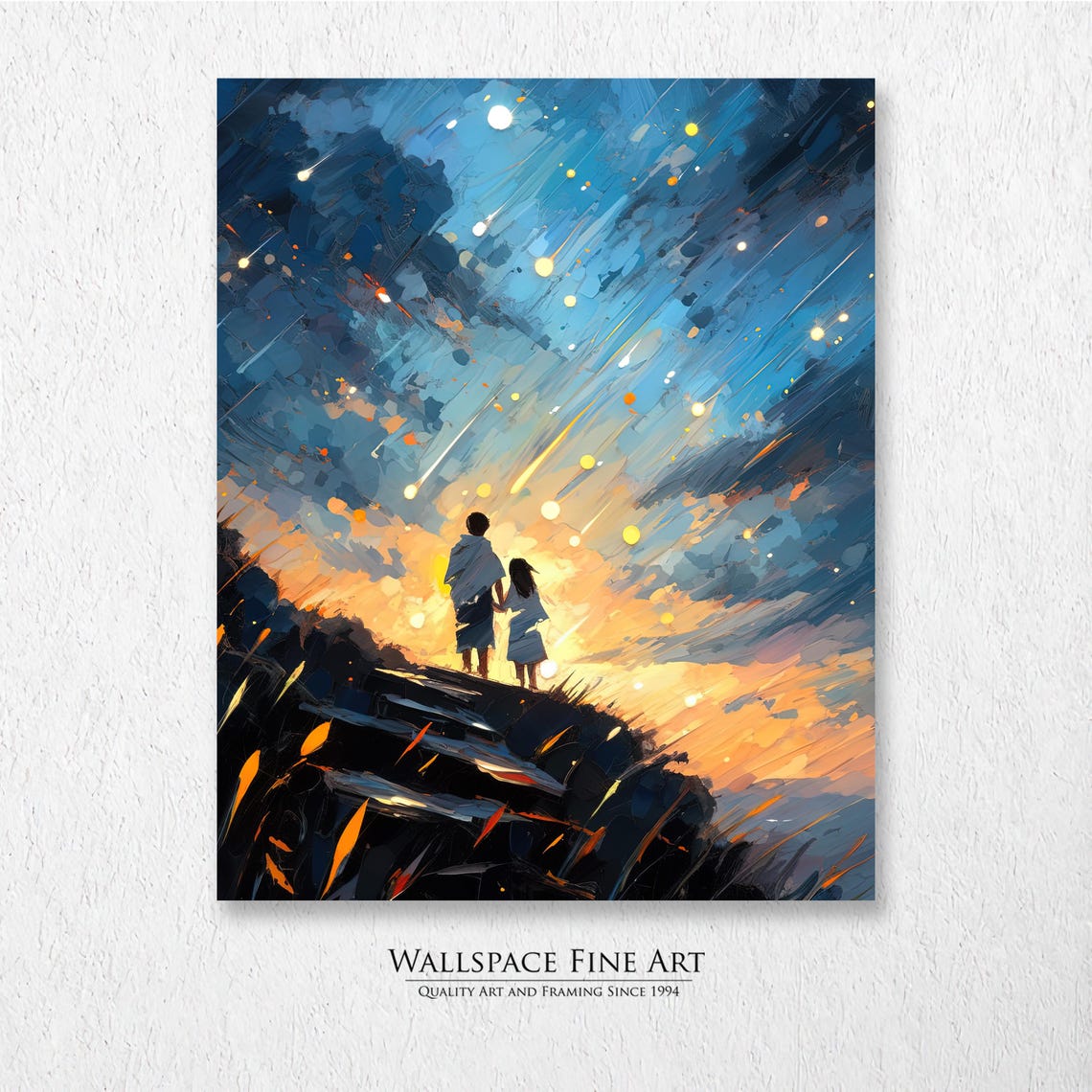 Couple Watching Shooting Stars Sunset Romantic Sky Art Poster