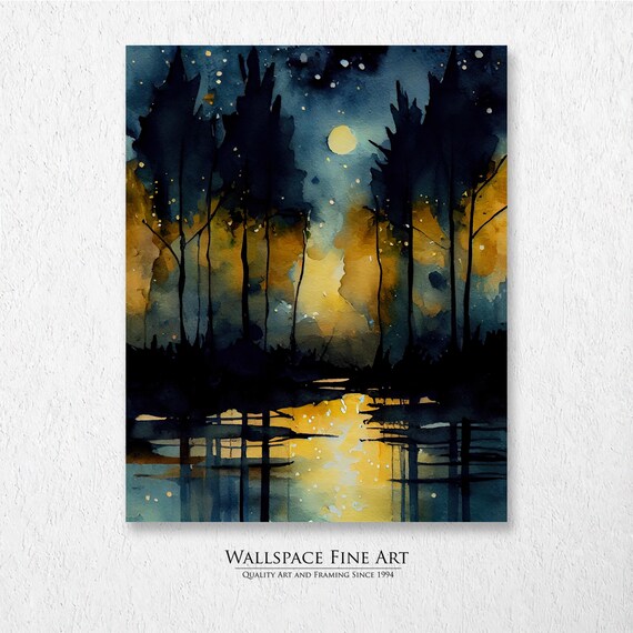 Starry Night Over Lake Sunset Watercolor Landscape Painting Wall Art Dcor Print Wallspace Fine 20133