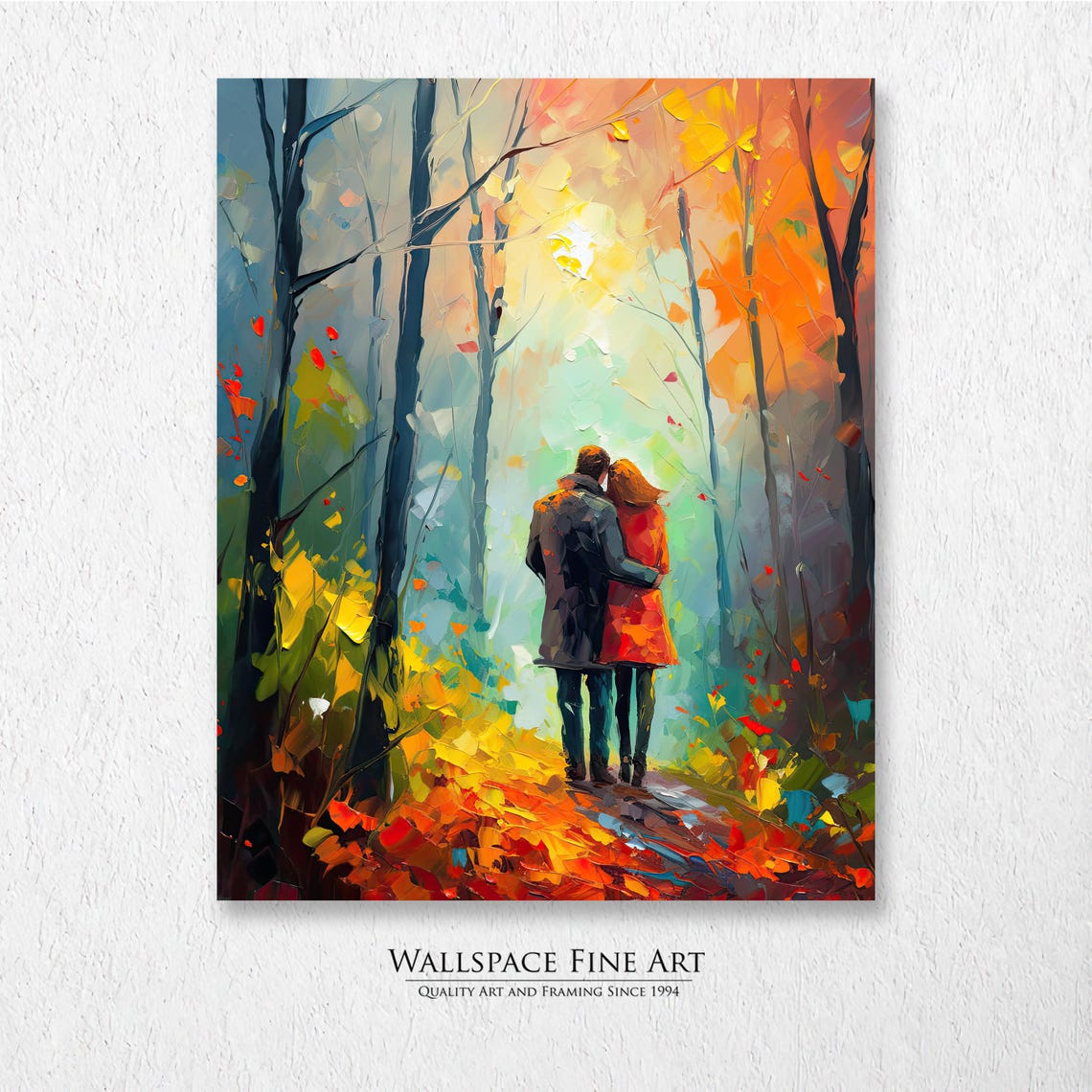 Couple Embracing in Autumn Forest Colorful Fall Painting Poster
