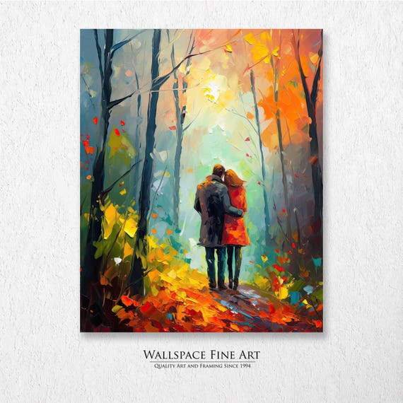Couple Embracing in Autumn Forest Colorful Fall Painting Poster