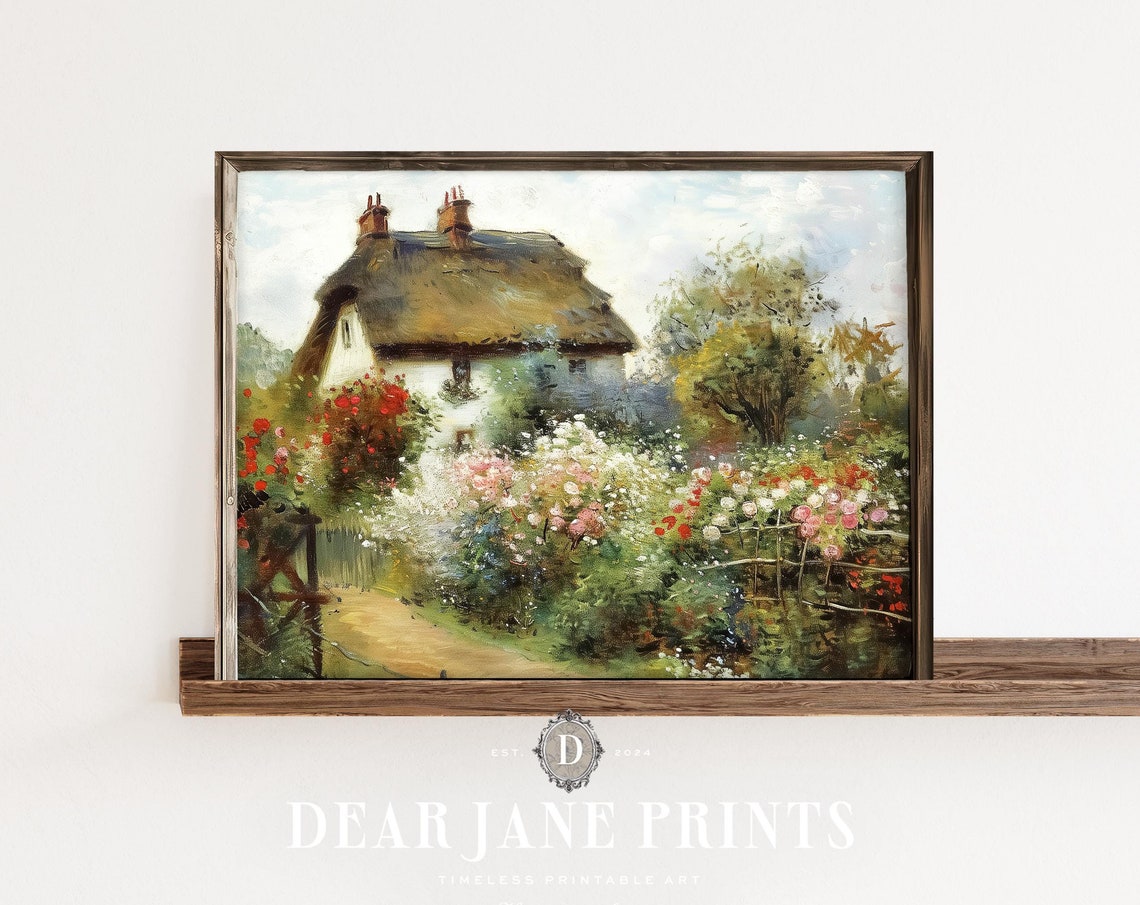 Thatched Cottage with Flower Garden Winding Path Impressionist Poster - Image 2