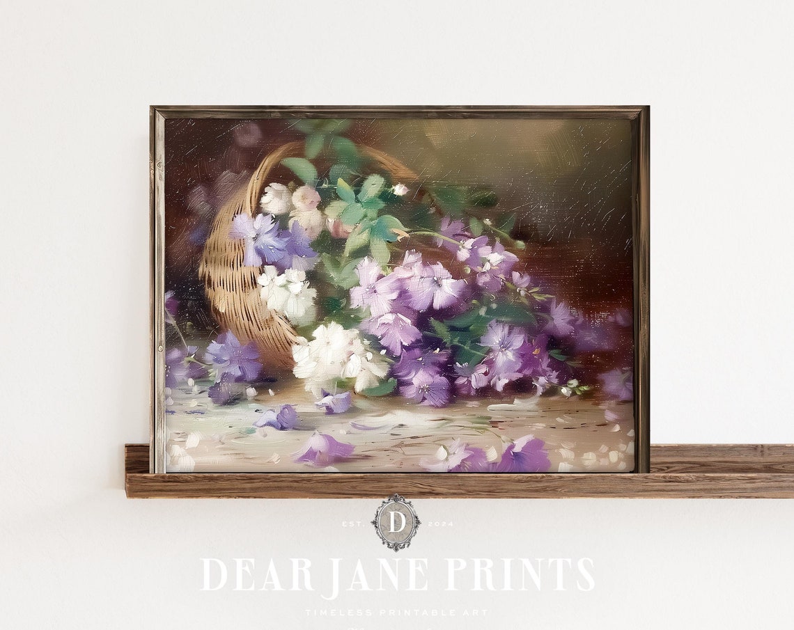 Basket Of Flowers Art Print Wall Art Painting Vintage Print Purple Botanical Floral Academia Farmhouse Decor