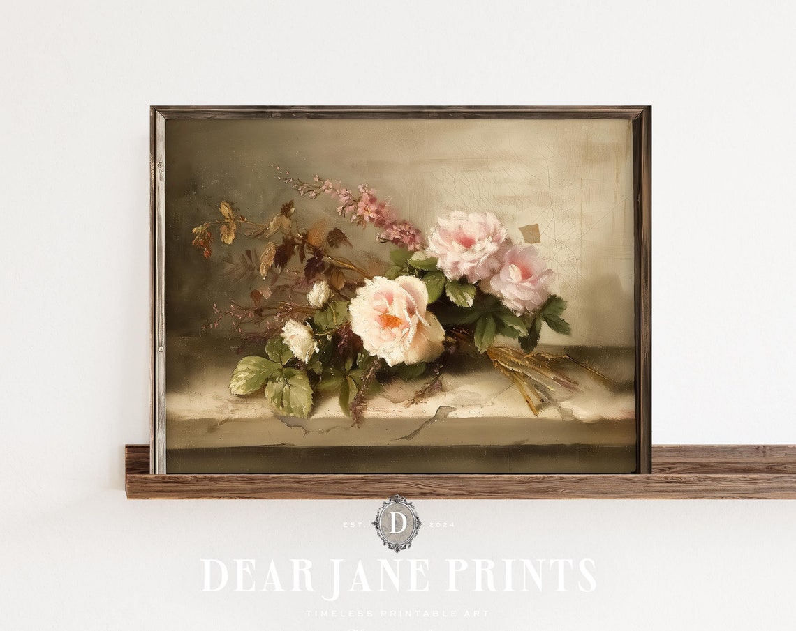 Pale Pink Roses Lying on Table Foliage Classic Vintage Still Poster - Image 2