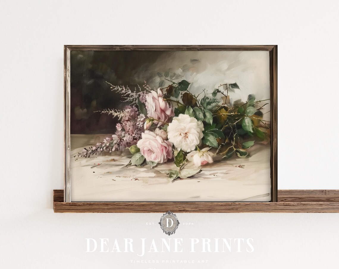 Pink and White Roses with Lilac Sprigs Romantic Vintage Still Poster - Image 2