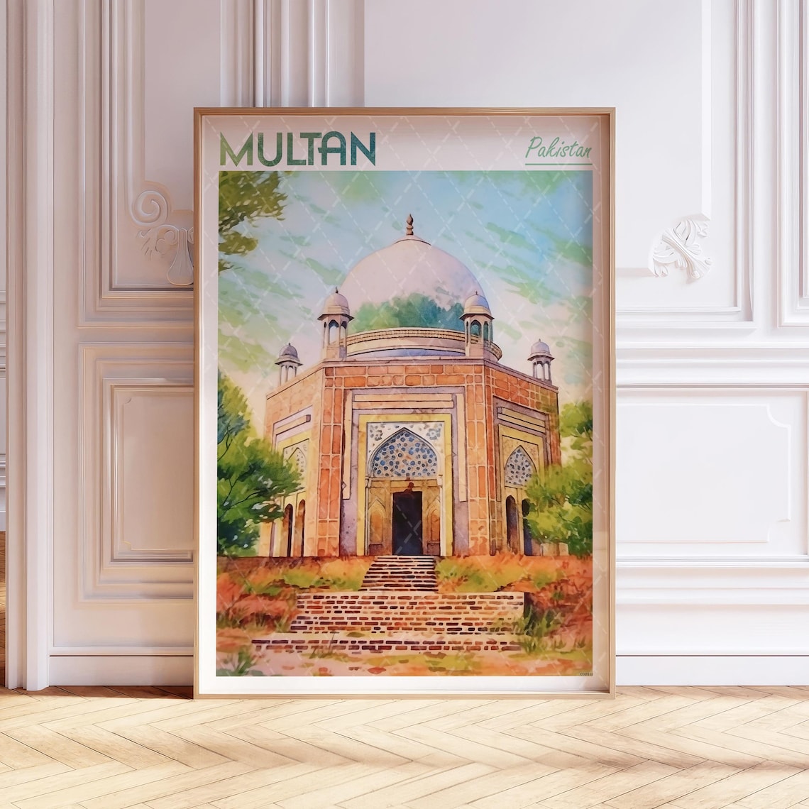 Multan Pakistan Watercolor Historic Domed Shrine Travel Poster