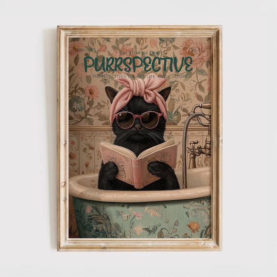 Purrspective Magazine Cover Poster Black Cat Reading Bath Book