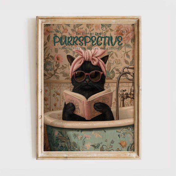 Purrspective Magazine Cover Print Funny Cat Poster Enjoying The Bath Gift For Lover