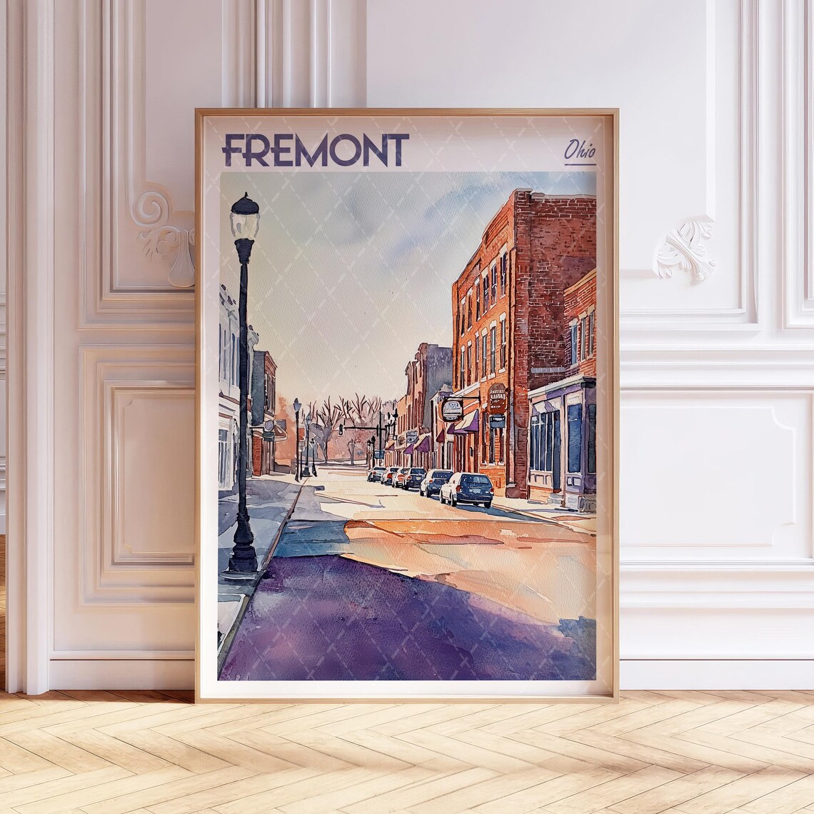 Fremont Ohio Historic Brick Main Street Watercolor Travel Poster