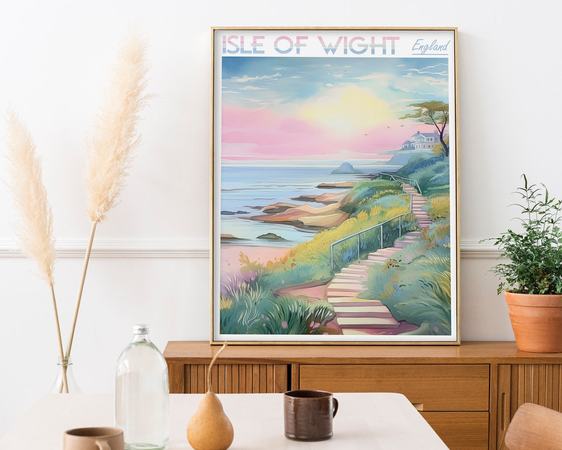 Isle Of Wight England Watercolor Coast Poster At Sunset With Steps