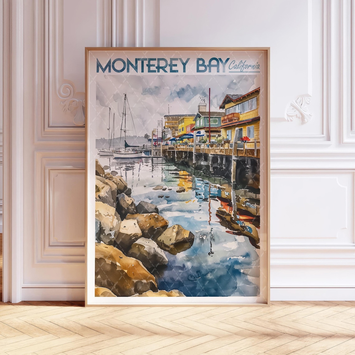 Monterey Bay California Watercolor Travel Poster Harbor Sailboat Scene