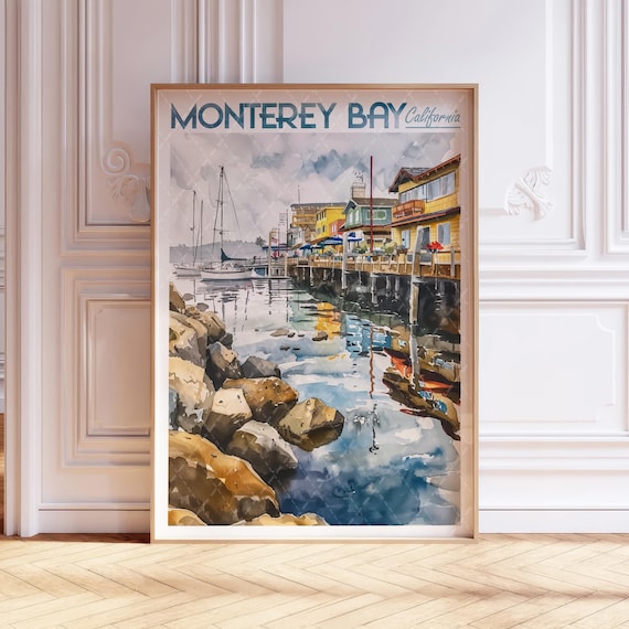 Monterey Bay California Watercolor Travel Poster Harbor Sailboat Scene