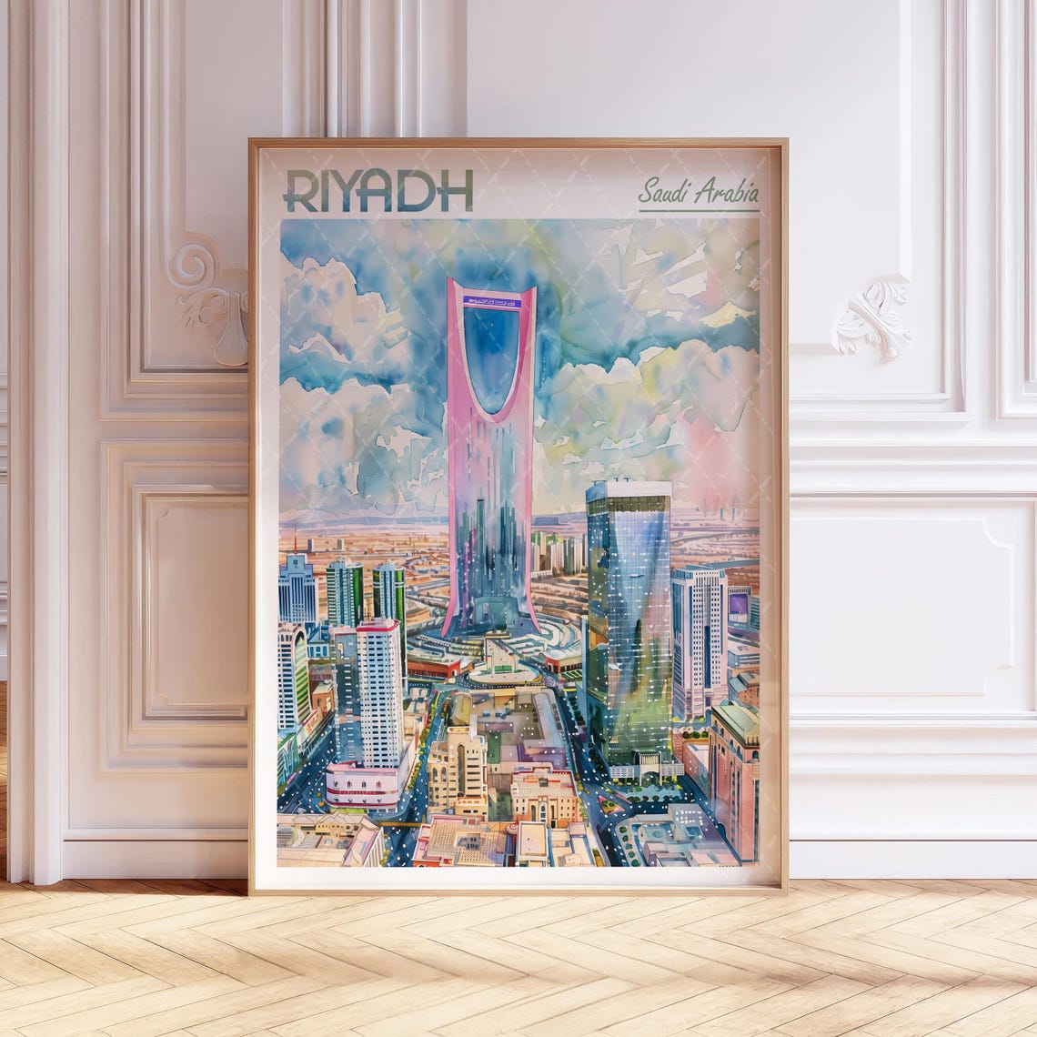 Riyadh Saudi Arabia Kingdom Centre Tower Watercolor Travel Poster