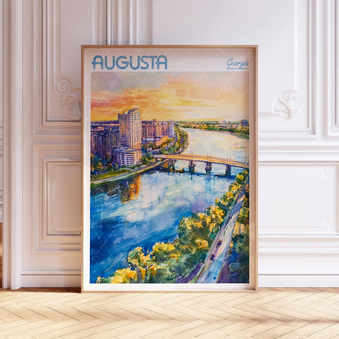 Augusta Georgia Sunset River Skyline Watercolor Travel Poster