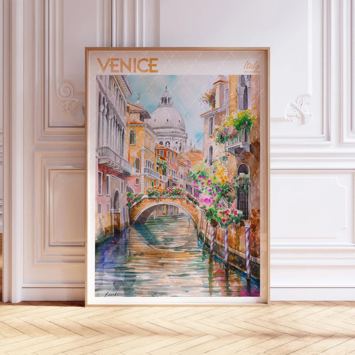 Venice Italy Watercolor Canal With Flowered Bridge Art Poster