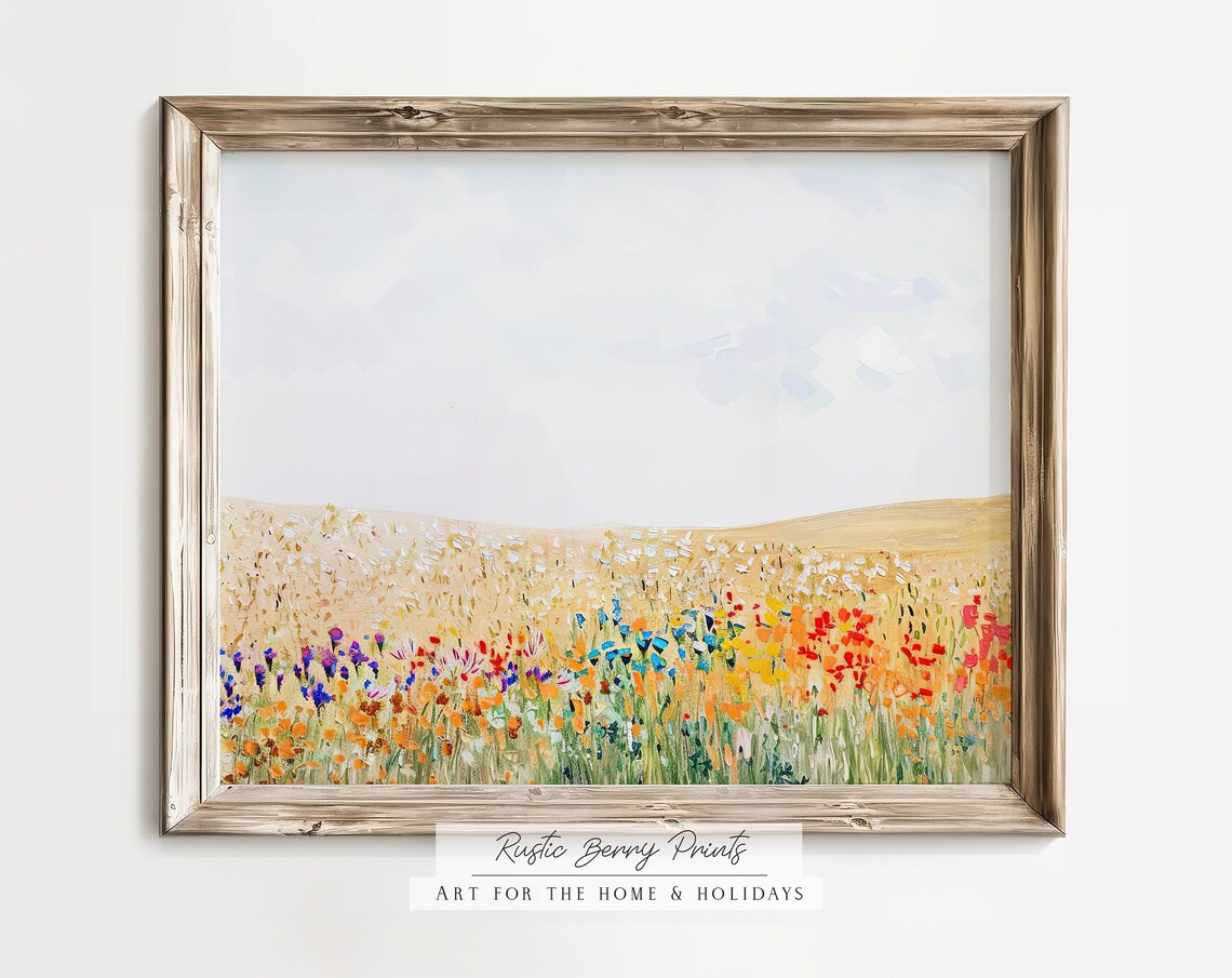Colorful Wildflower Field Red Orange Poppies Golden Meadow Art Poster