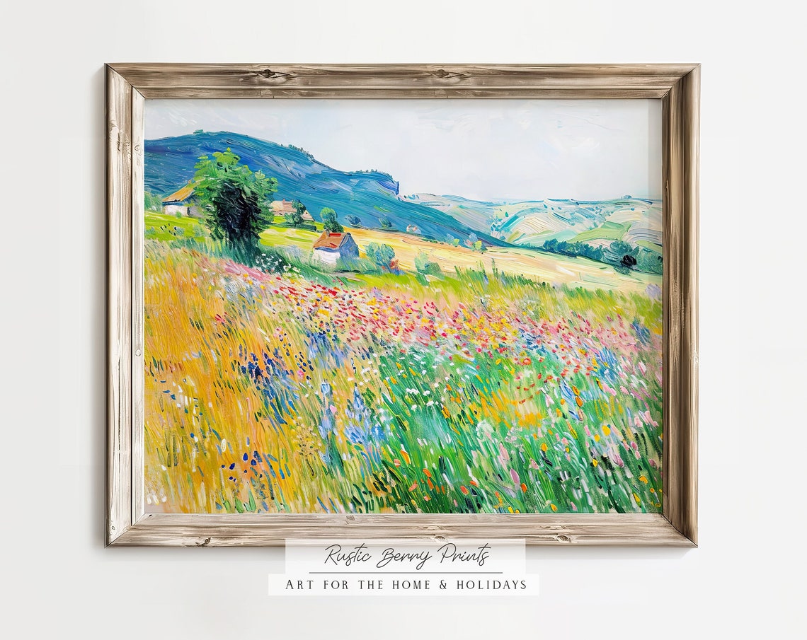 Vibrant Wildflower Meadow With Farmhouse And Blue Hills Summer Poster
