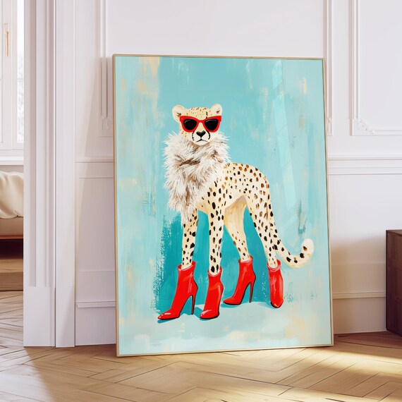 Cheetah Red High Heels Red Sunglasses Fur Scarf Fashion Art Print Poster