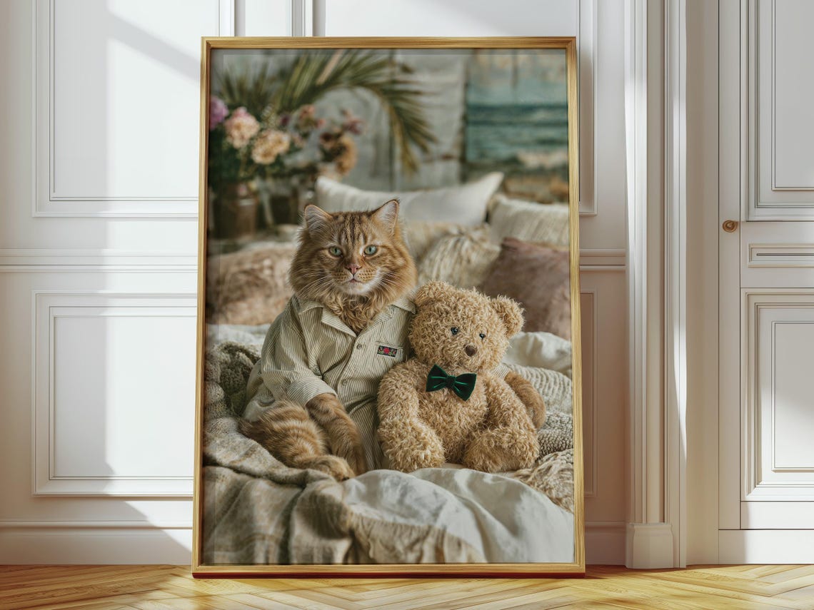 Orange Cat in Pajamas with Teddy Bear Funny Cozy Bedroom Poster