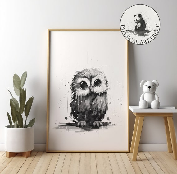 Baby Owl In The Rain Physical Print Animal Illustration Nursery Wall Decor Infant Nursary Art Ink Drawing