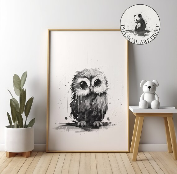 Cute Baby Owl with Big Eyes Black Ink Watercolor Nursery Poster