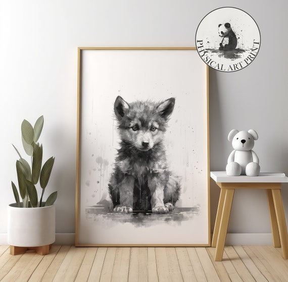 Baby Wolf In The Rain Physical Print Animal Illustration Nursery Wall Decor Infant Nursary Art Ink Drawing