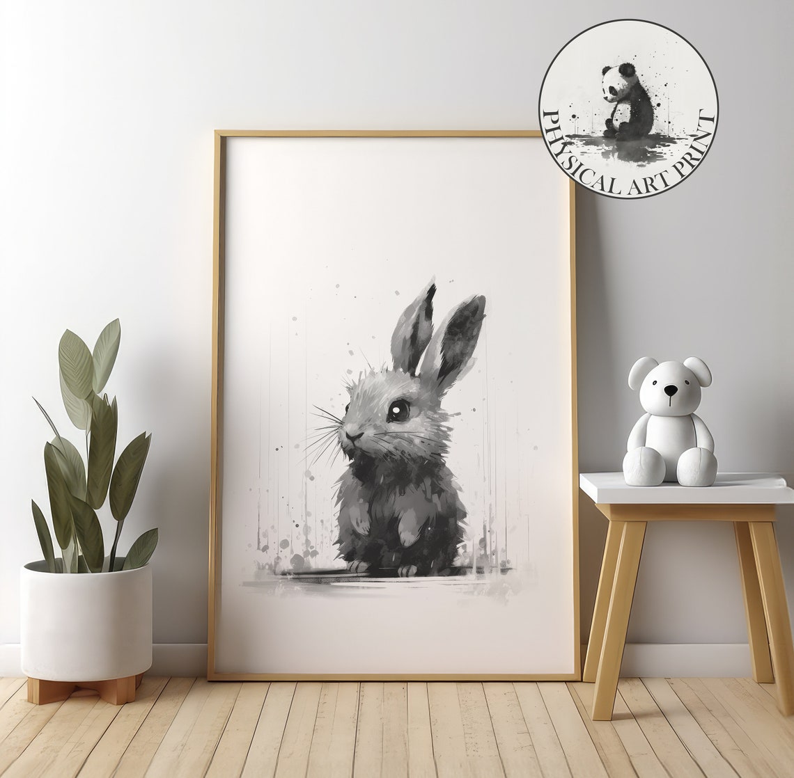 Bunny In The Rain Physical Print Cute Illustration Nursery Wall Decor Infant Nursary Art Ink Drawing