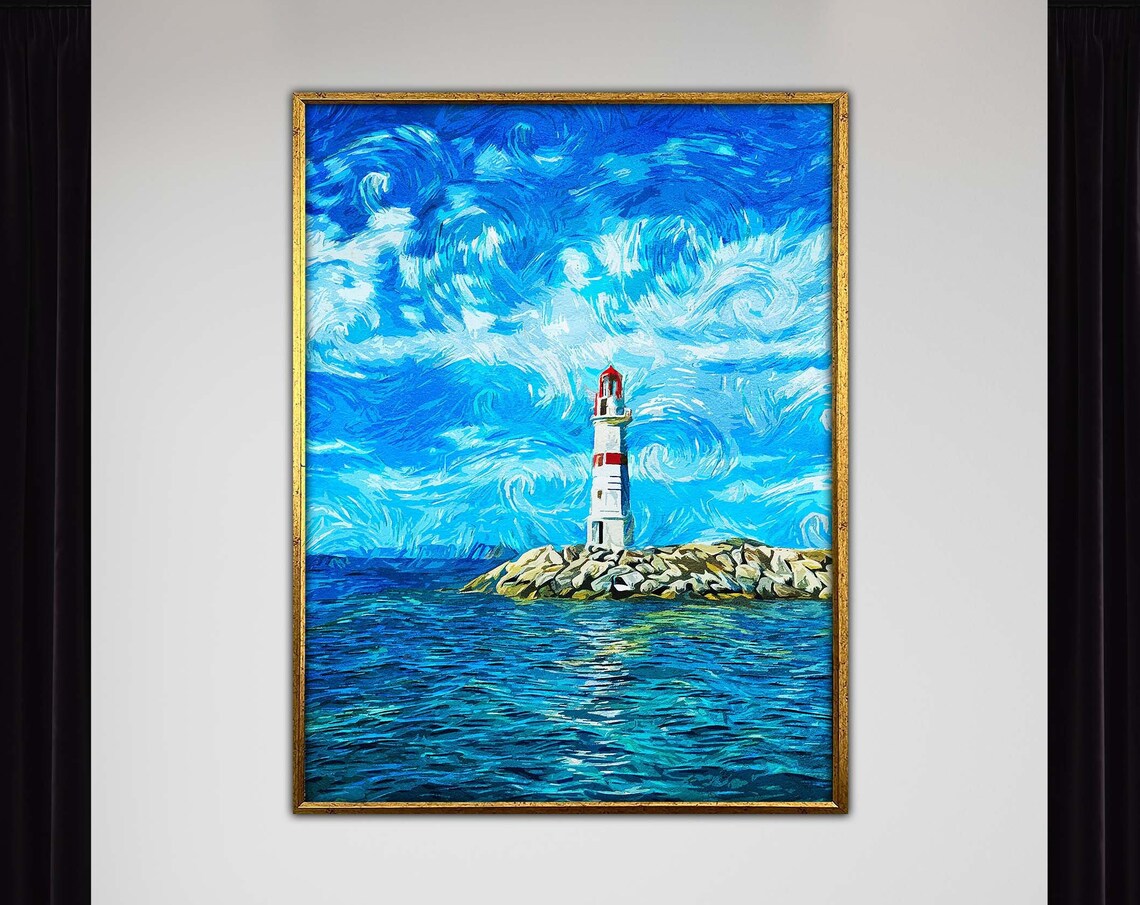 Lighthouse On Rocky Island Poster Swirling Blue Sky Impasto Painting