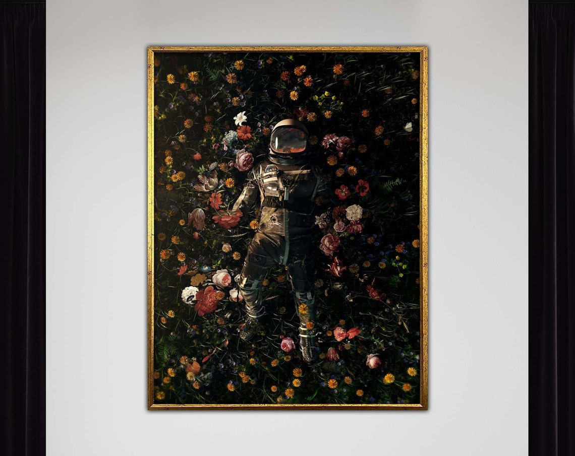 Space Flowers Astronaut Canvas Ready To Hang Large Wall Art Cosmic Home Decor Modern Spacethemed Poster Print