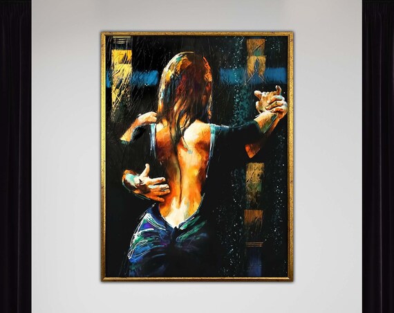 Passionate Rainy Night Tango Dance Couple Embrace Oil Painting Poster