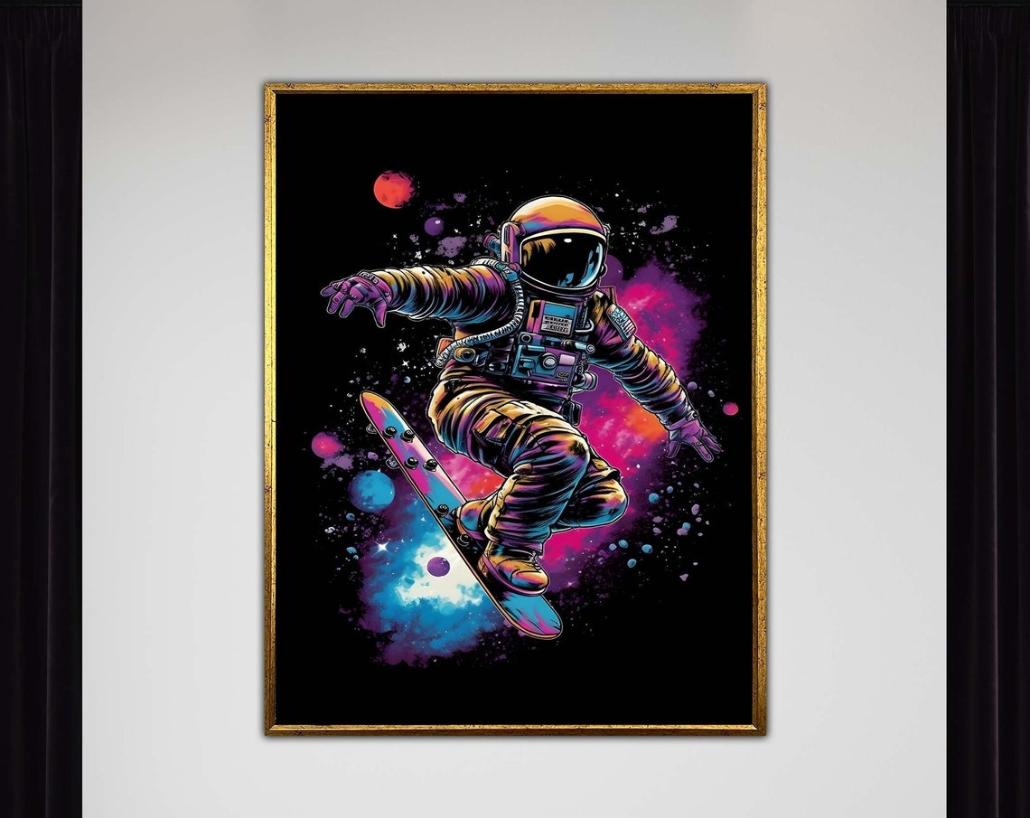 Neon Graffiti Astronaut Skateboarding Through Cosmic Space Wall Art