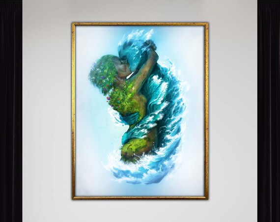 Couple Art Elemental Embrace Canvas Nature And Water Abstract Painting Modern Wall Home Decor Poster Ready To Hang Artwork
