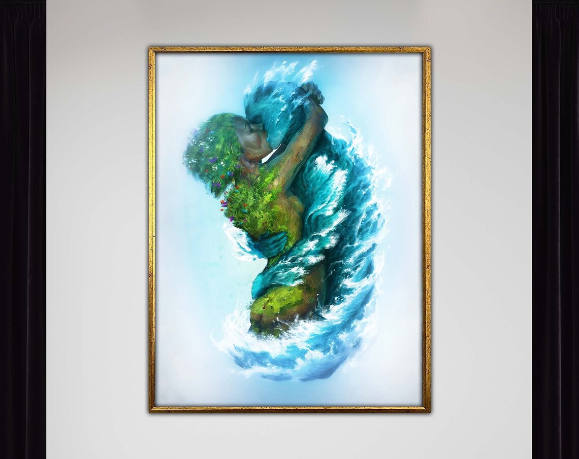 Elemental Embrace Couple Art Earth And Water Kiss Painting Poster