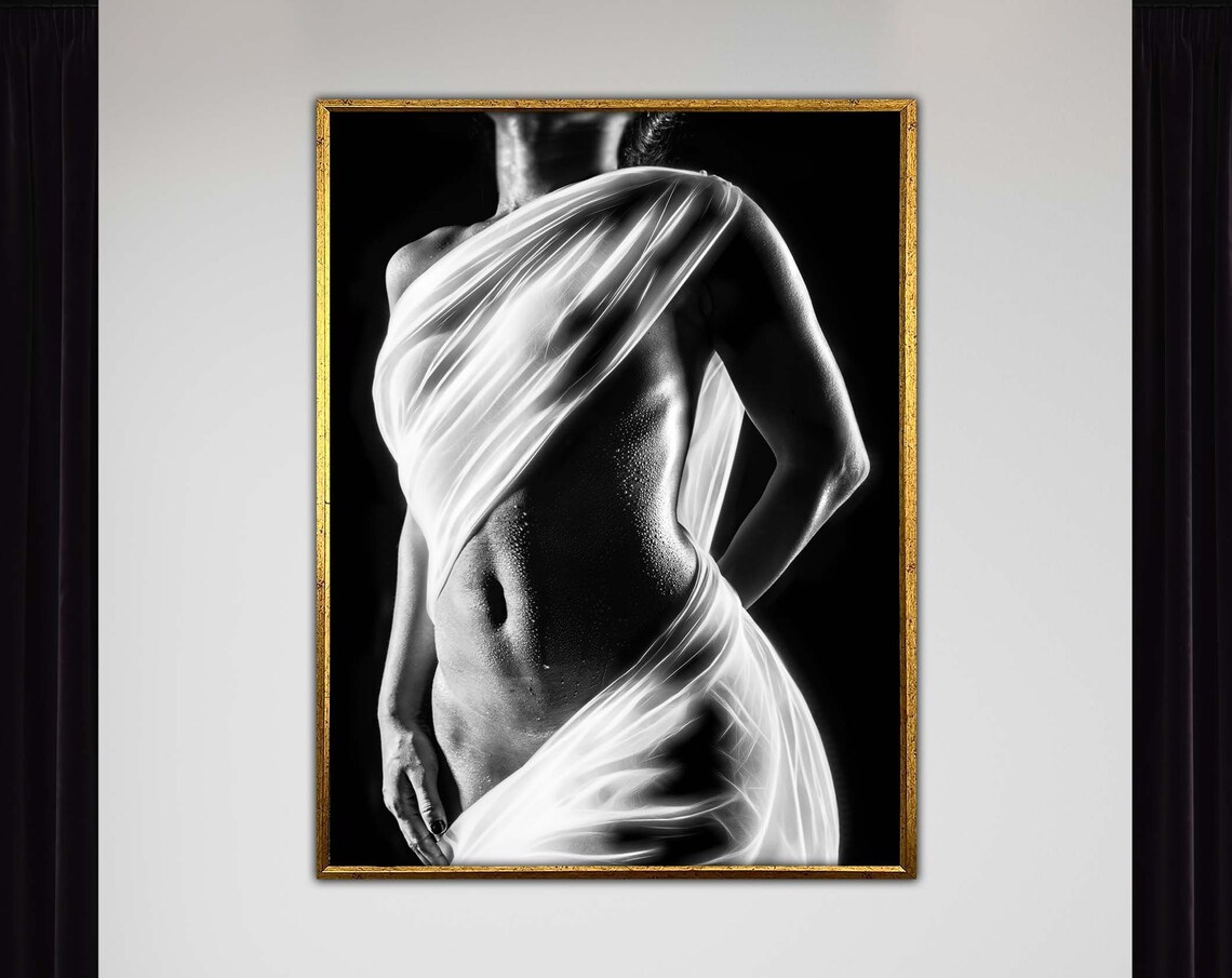 Elegant Draped Figure Black and White Fine Art Bodyscape Photography Poster