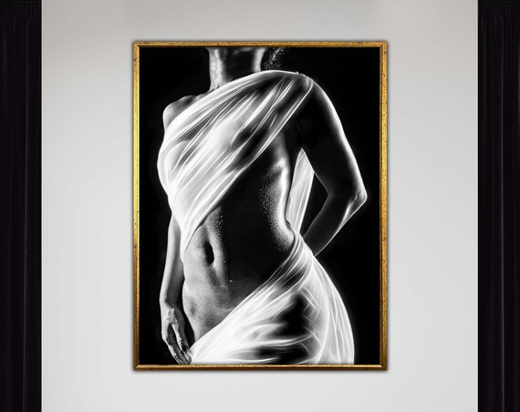 Elegant Draped Figure Black and White Fine Art Bodyscape Photography Poster