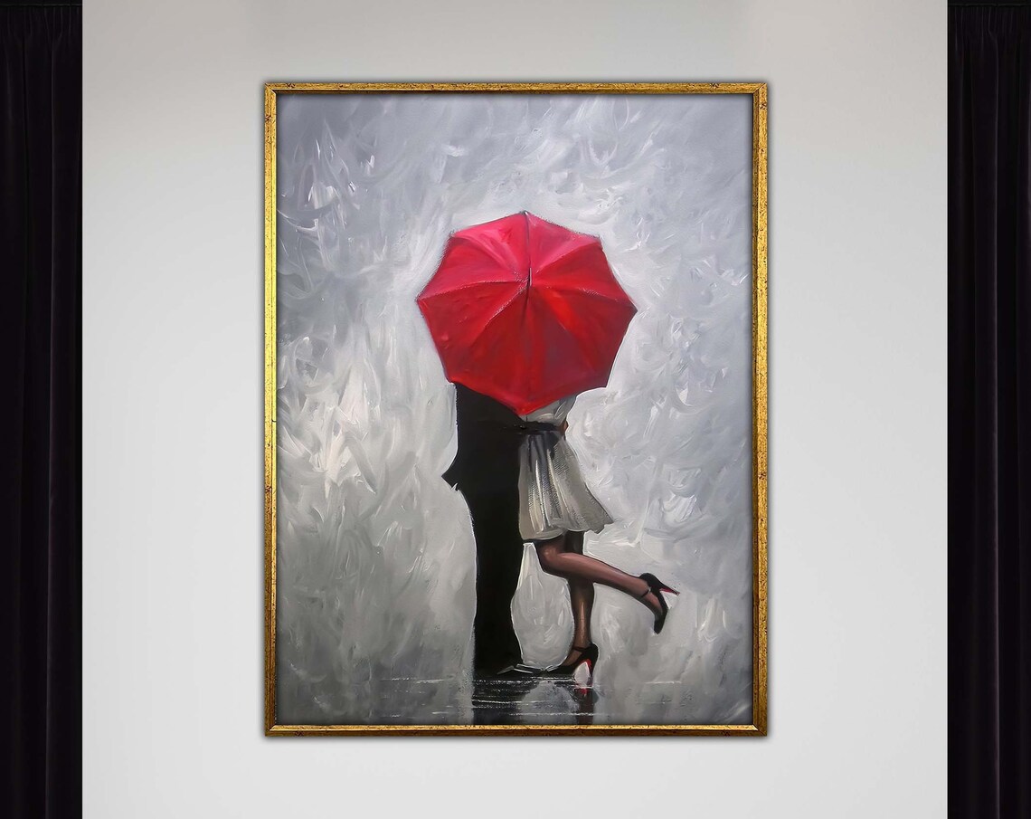Romantic Couple Red Umbrella Rain Grey Modern Love Art Poster